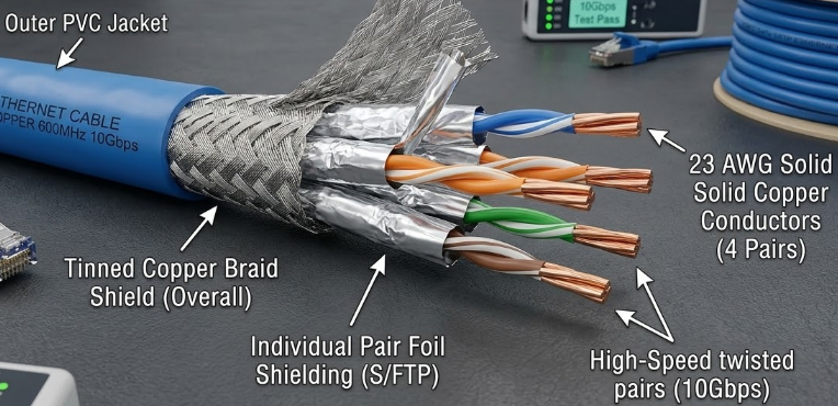 FOCC Cat7e Ethernet cable S/FTP configuration showing 23 AWG solid copper conductors, individual foil shielding, and braided overall shield for 10 Gbps network speeds FOCC Cat7e Ethernet cable S/FTP configuration showing 23 AWG solid copper conductors, individual foil shielding, and braided overall shield for 10 Gbps network speeds